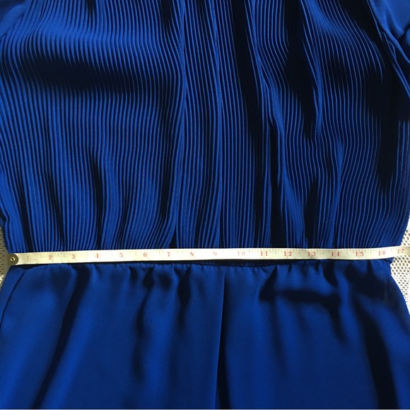 Vintage cobalt blue ruffle neck puff shoulder semi-sheer long sleeve midi dress - Picture 3 of 15